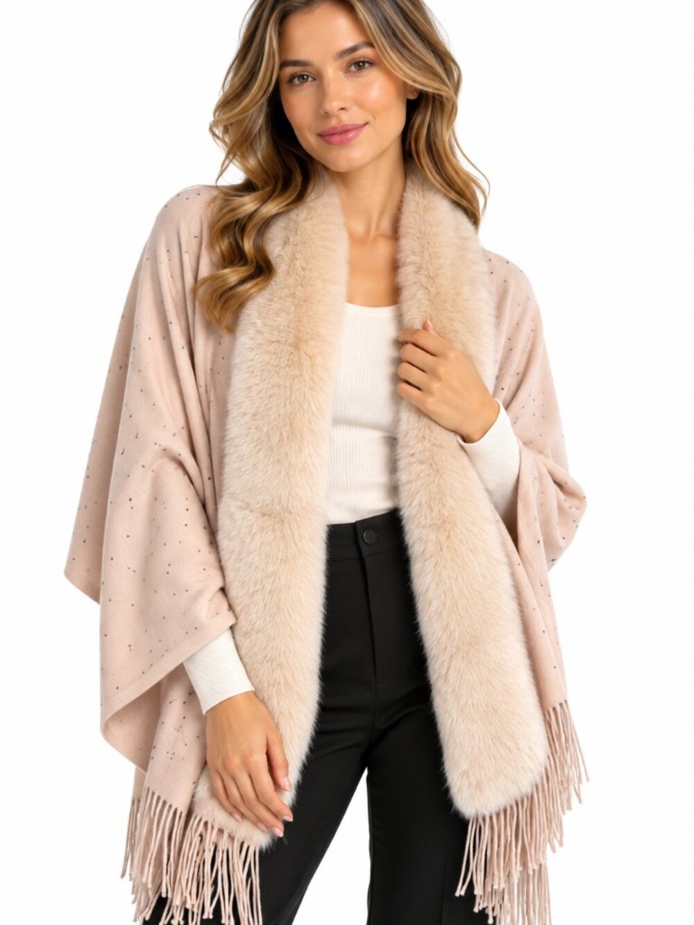 La Fiorentina Faux Fur Trim Poncho Wrap Blush Beige Rhinestone Fringe